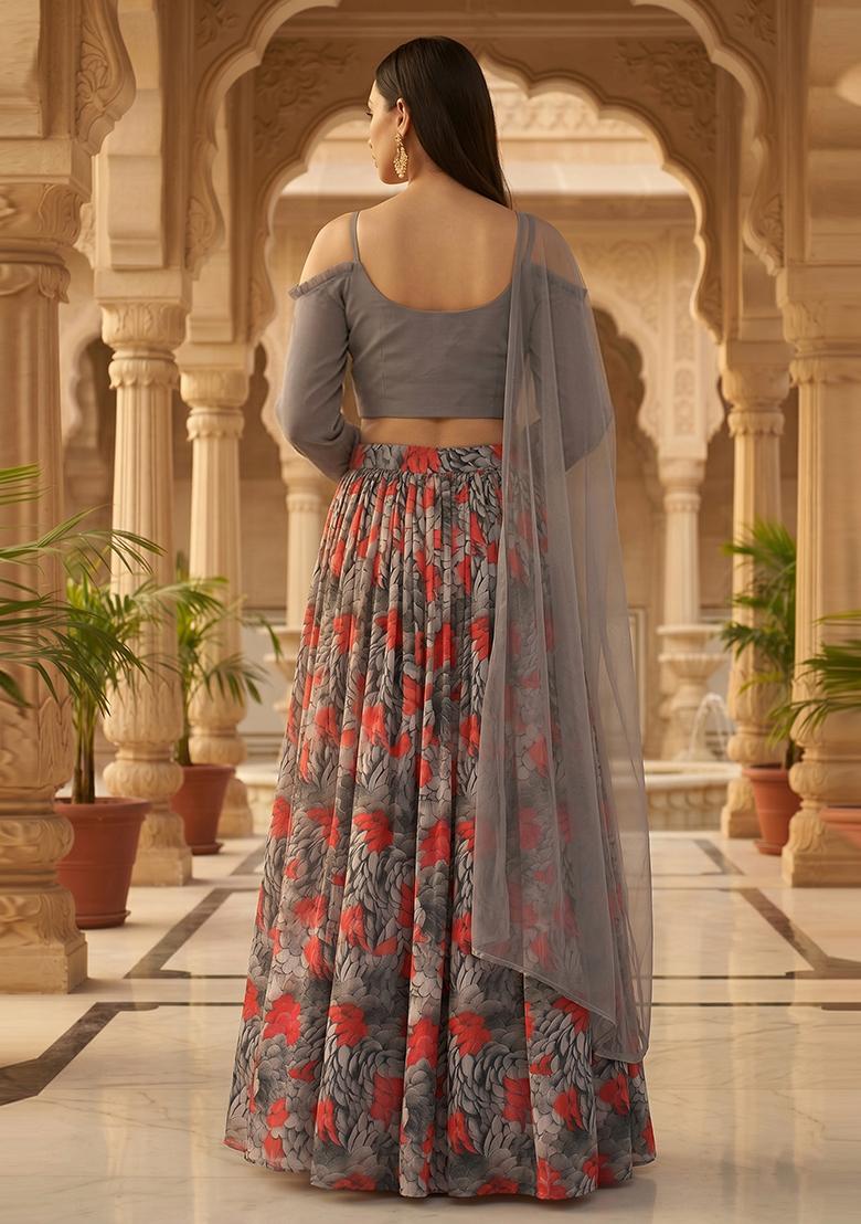 Slate Grey Printed Georgette Lehenga Set - Indya
