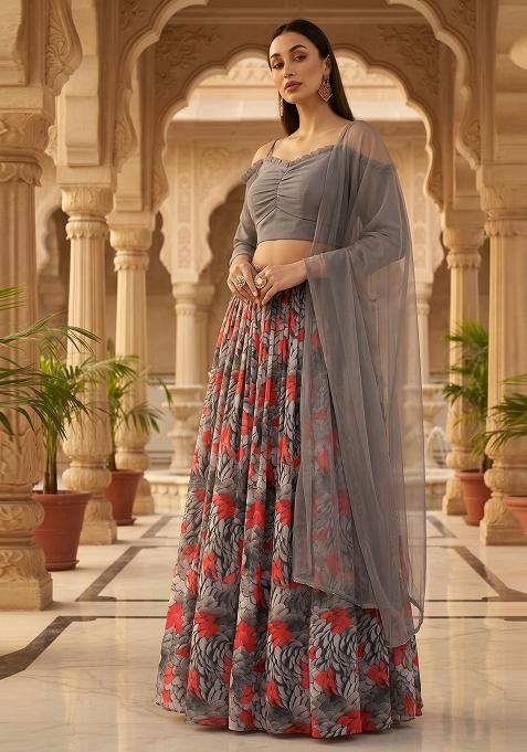 Slate Grey Printed Georgette Lehenga Set