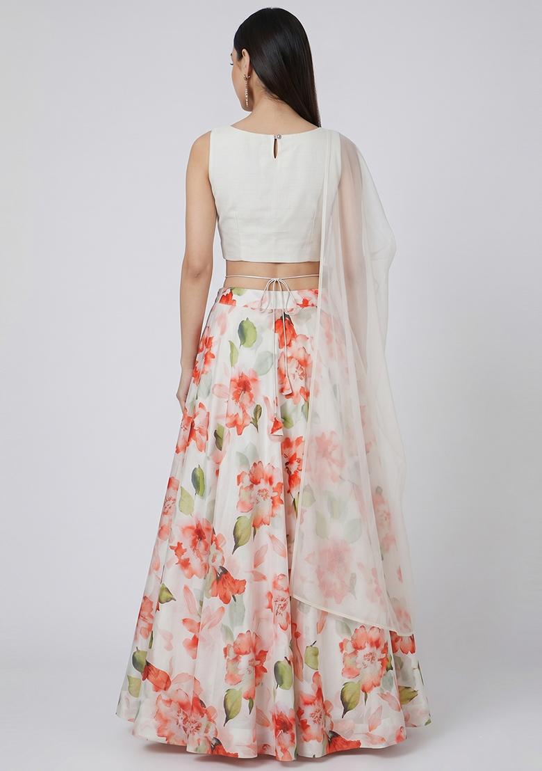 Off White Printed Georgette Lehenga Set - Indya