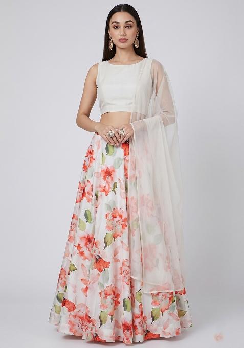 Off White Printed Georgette Lehenga Set