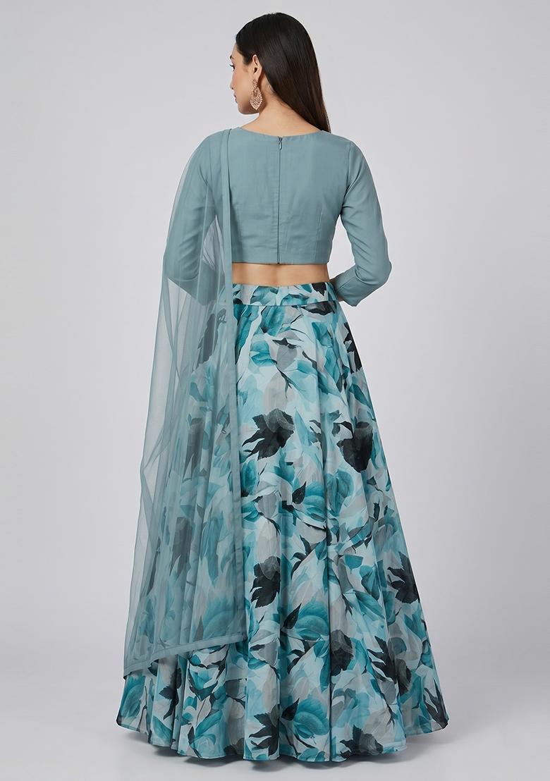 Pastel Blue Printed Georgette Lehenga Set - Indya