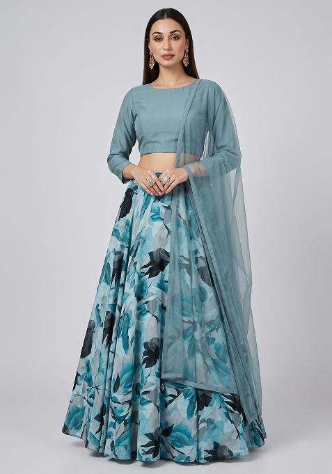 Pastel Blue Printed Georgette Lehenga Set
