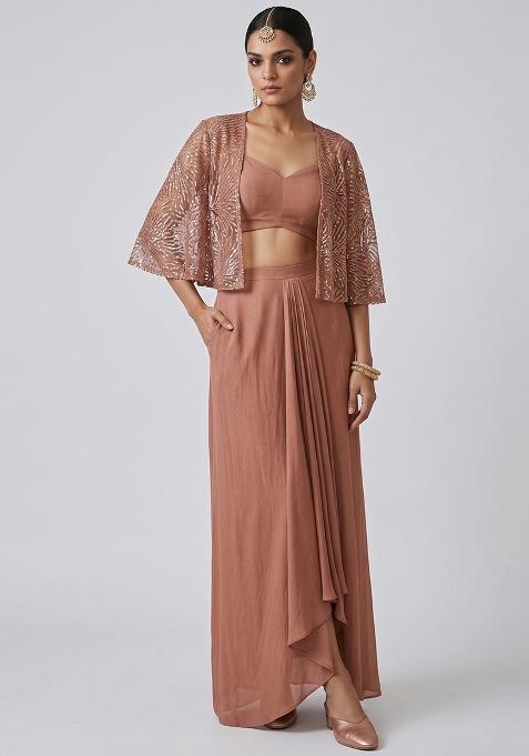 Beige Sequin Net Fusion Set