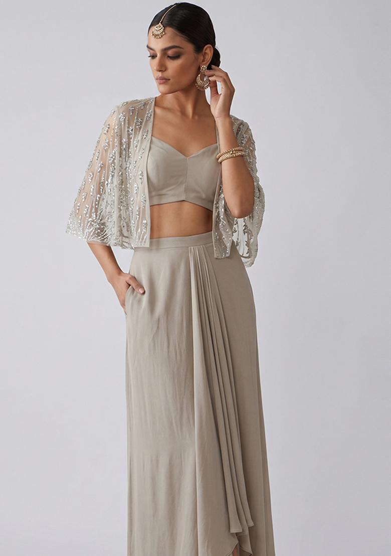 Light Grey Sequin Sequin Net Fusion Set - Indya