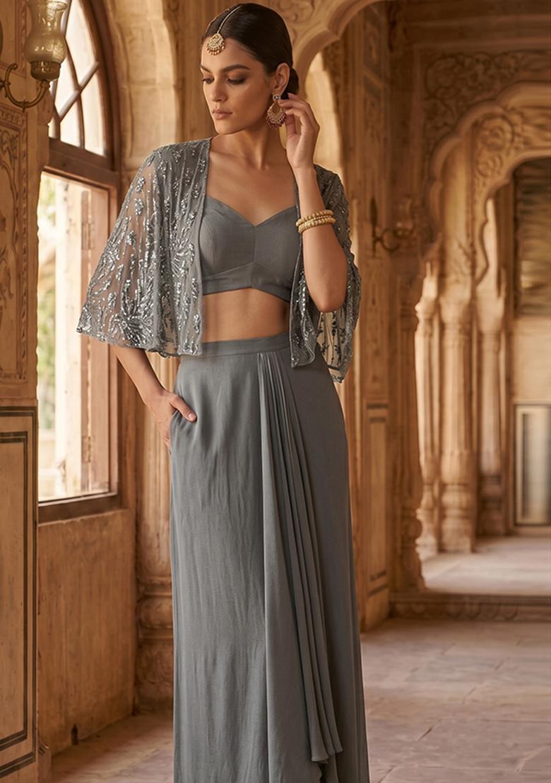 Grey Sequin Sequin Net Fusion Set - Indya