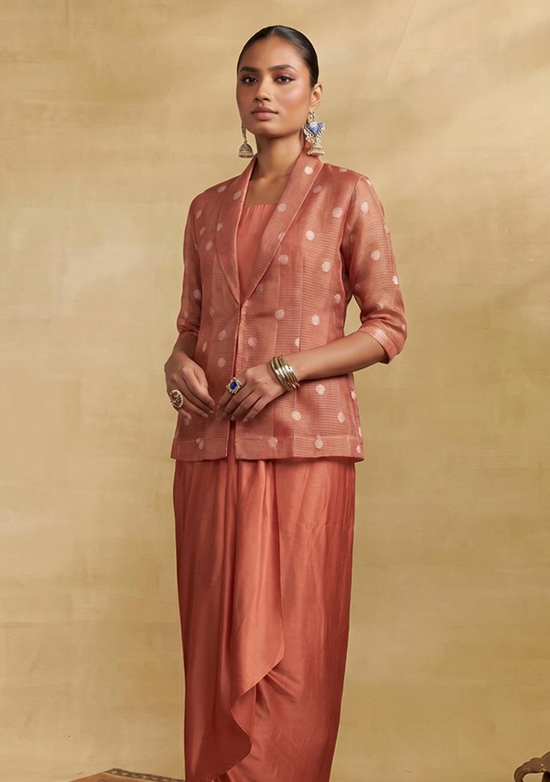 Rust Jacquard Brocade Fusion Set - Indya
