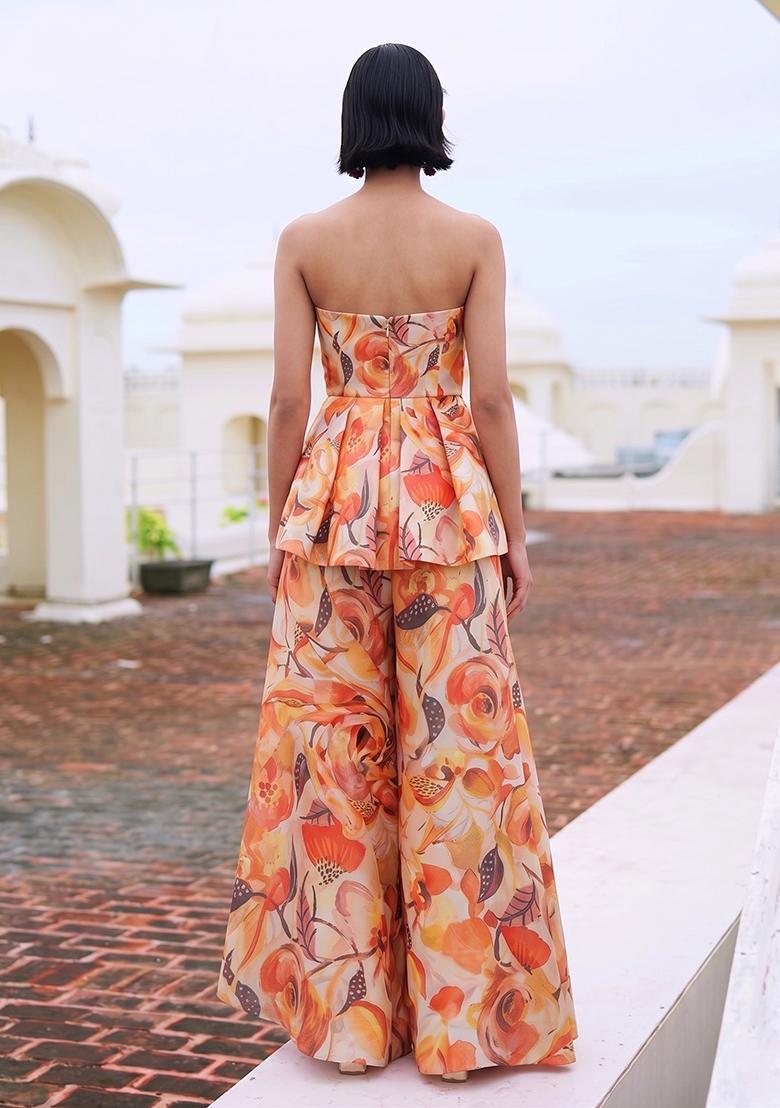 Rust Printed Organza Fusion Set - Indya