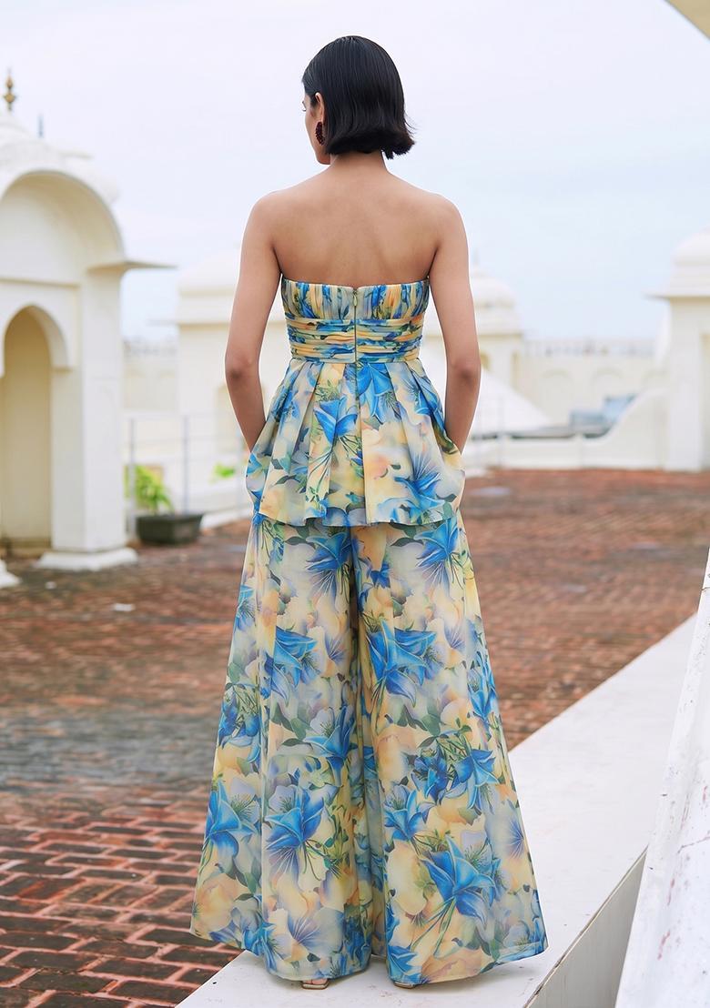 Beige Organza Printed Fusion Set - Indya