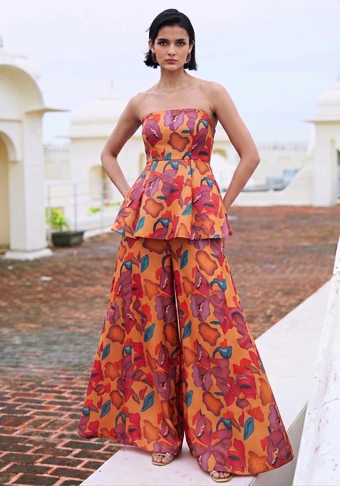 Brown Crepe Printed Fusion Set
