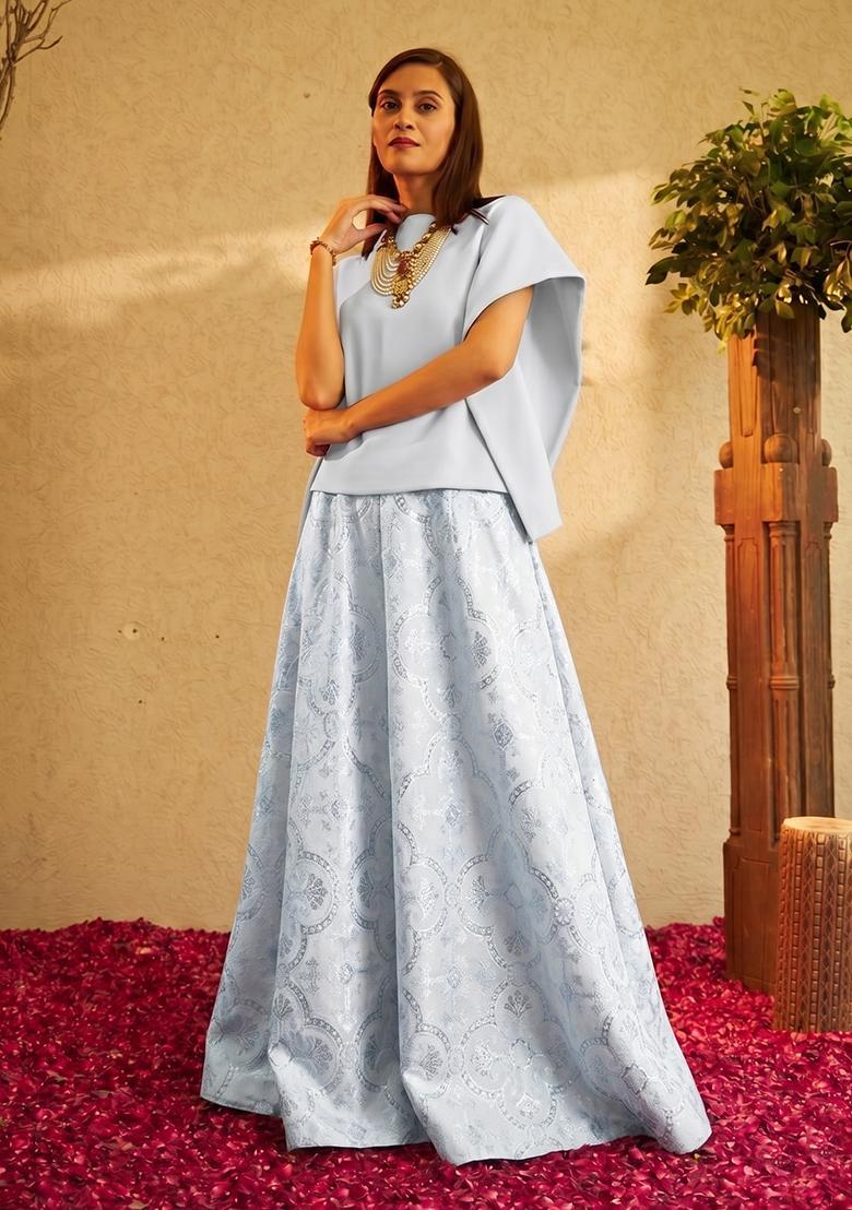 Light Blue Silk Blend Zari Work Fusion Set - Indya