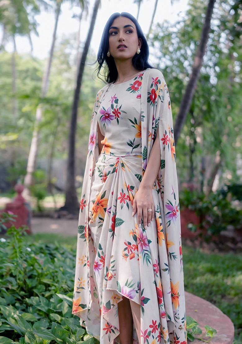 Muted Mauve Crepe Printed Fusion Set - Indya