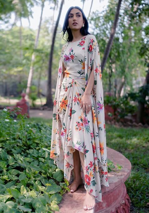 Beige Crepe Printed Fusion Set