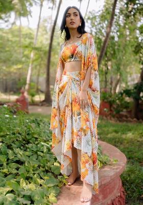 White Crepe Printed Fusion Set