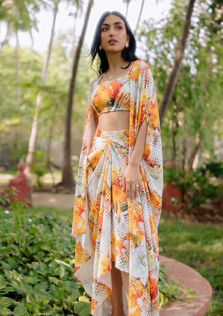 White Crepe Printed Fusion Set - Indya