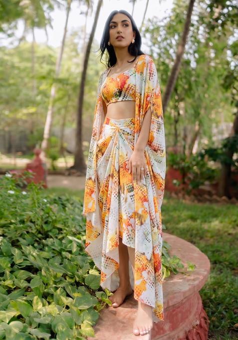 Beige Crepe Printed Fusion Set
