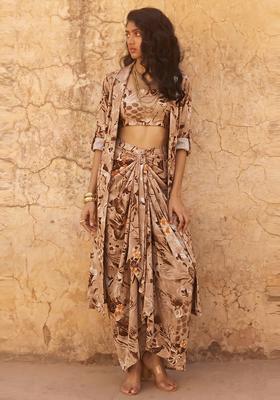 Beige Printed Crepe Fusion Set