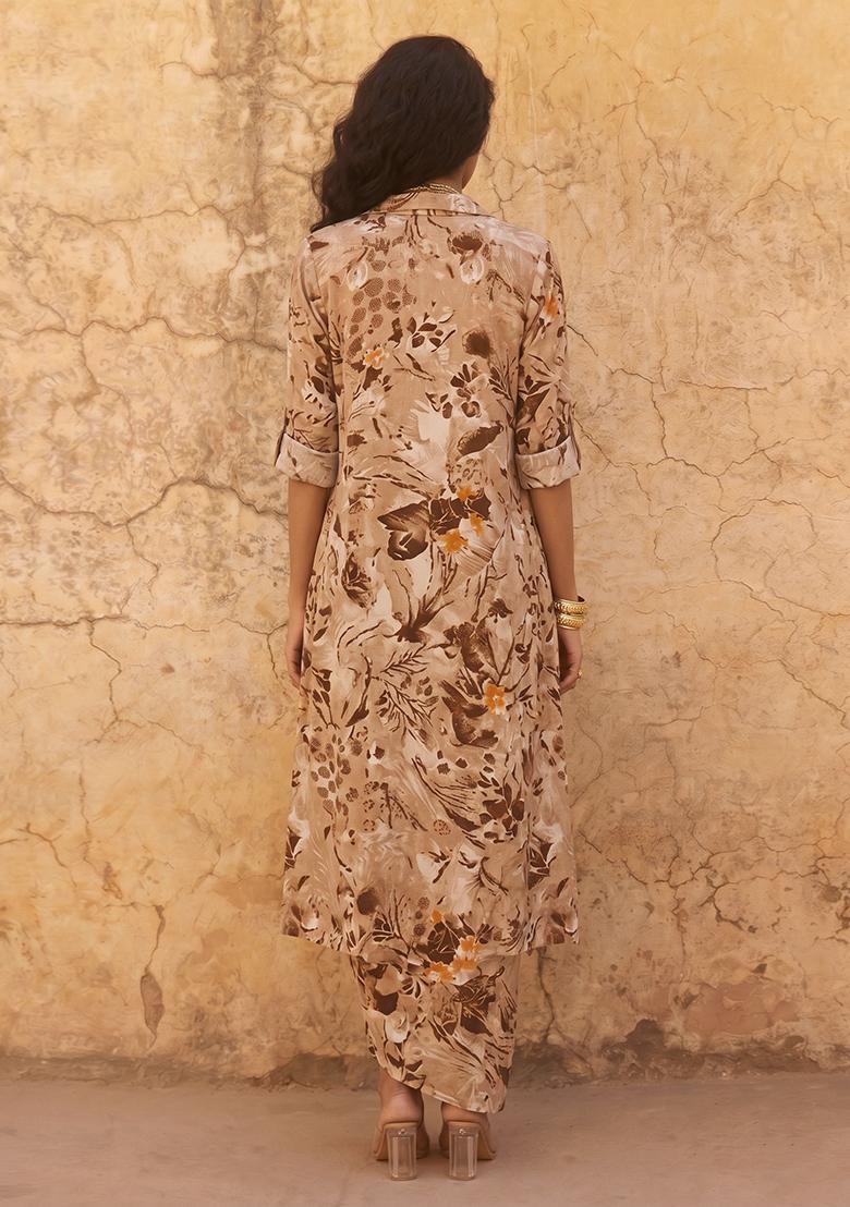 Beige Printed Crepe Fusion Set - Indya