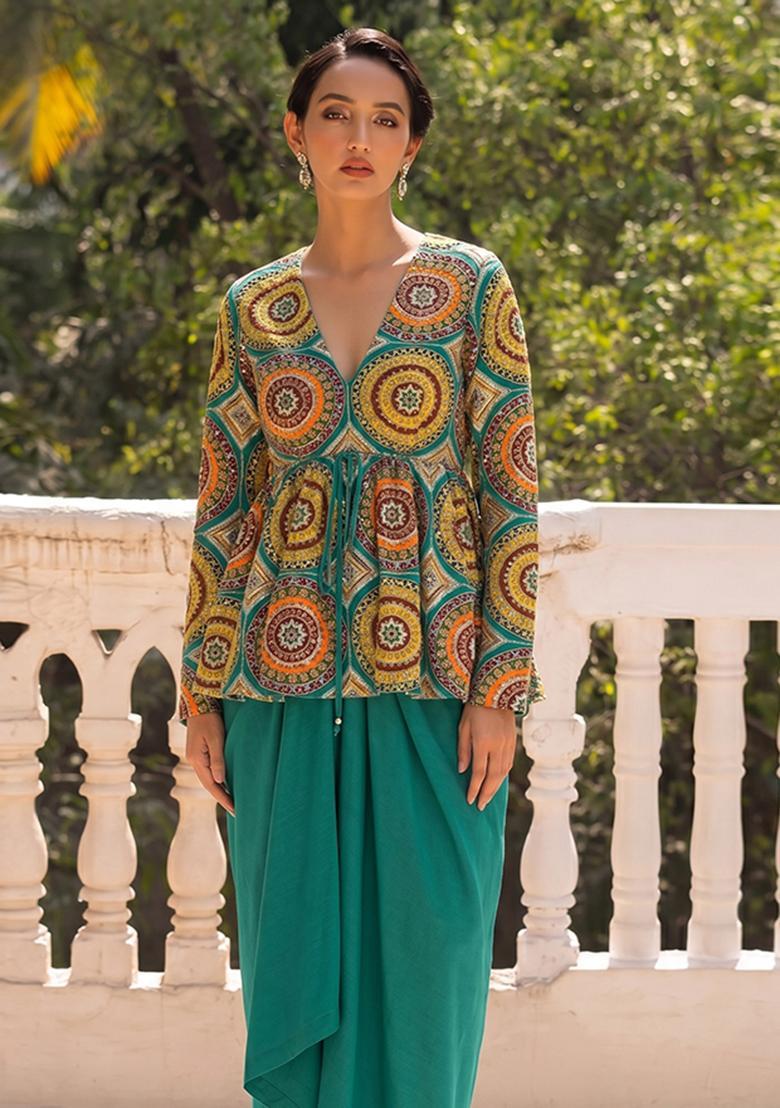 Green Solid Crepe Fusion Set - Indya