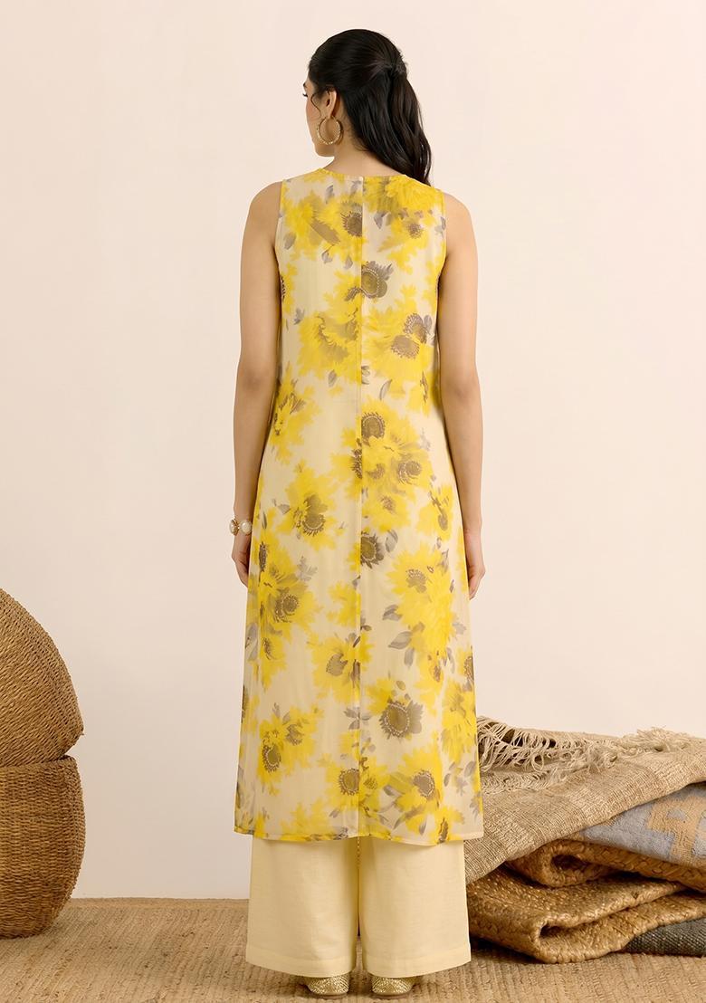 Yellow Printed Chiffon Fusion Set - Indya