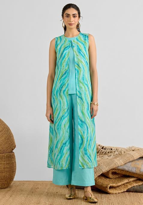 Teal Georgette Solid Fusion Set