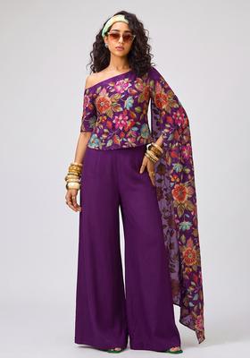 Purple Printed Crepe Fusion Set
