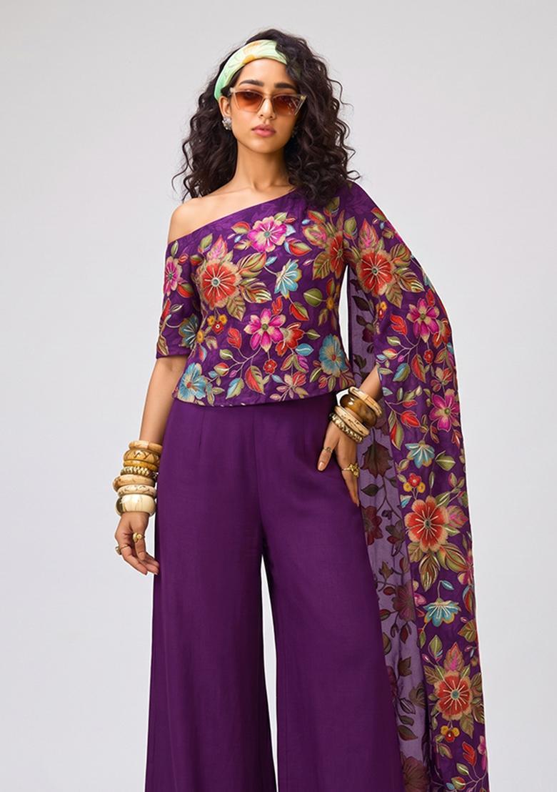 Purple Printed Crepe Fusion Set - Indya