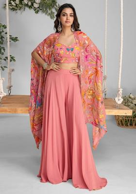 Peach Georgette Solid Fusion Set