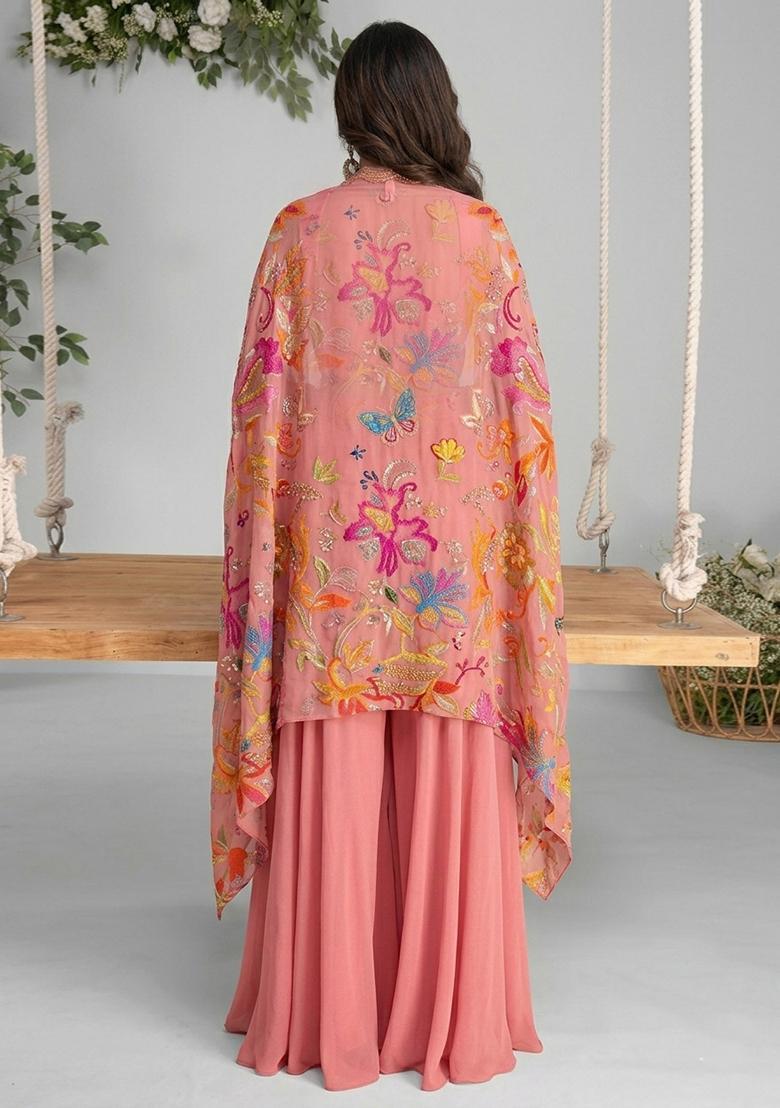 Peach Georgette Solid Fusion Set - Indya