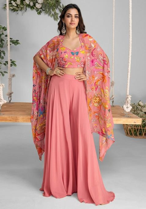 Peach Georgette Solid Fusion Set