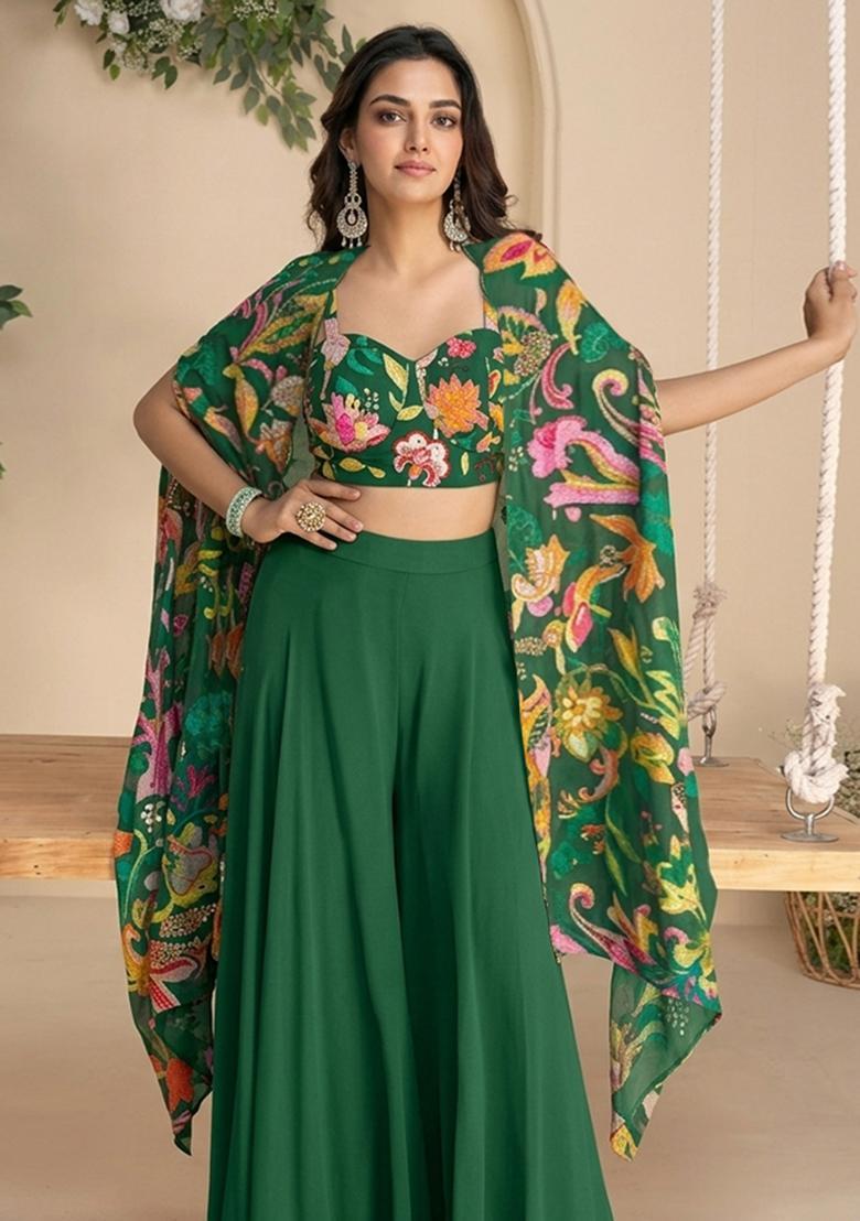 Green Printed Chinon Fusion Set - Indya