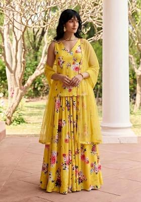 Yellow Printed Silk Fusion Set