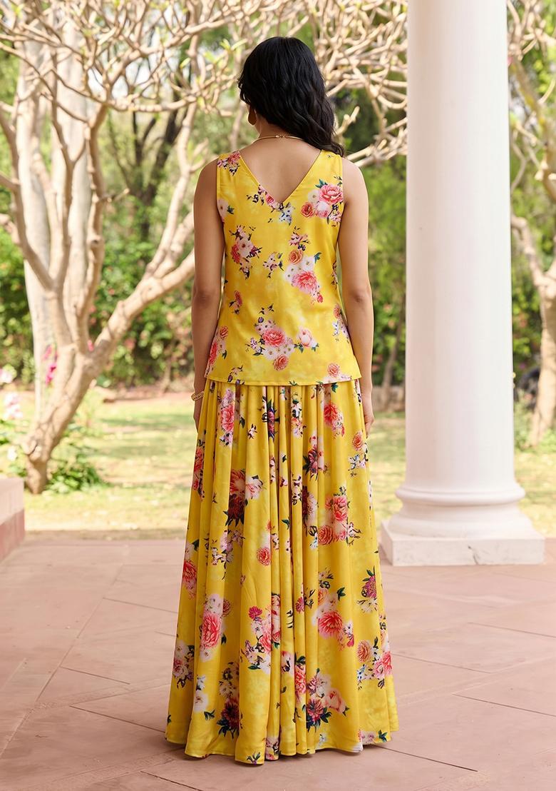 Yellow Printed Silk Fusion Set - Indya