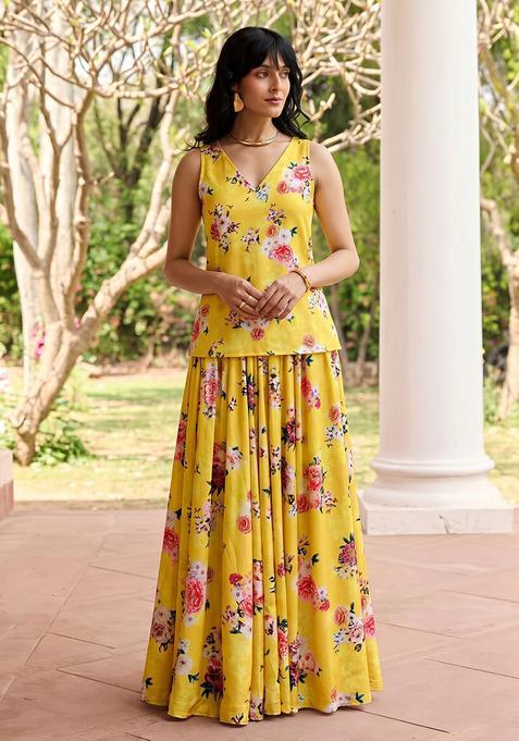 Yellow Silk Blend Printed Fusion Set