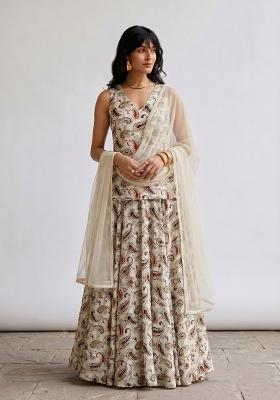 Beige Printed Silk Fusion Set