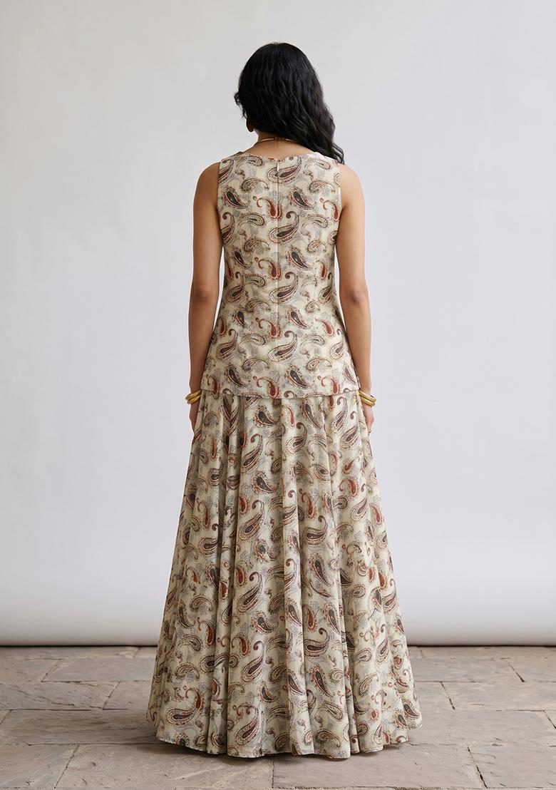 Beige Printed Silk Fusion Set - Indya