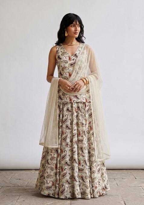 Beige Silk Blend Printed Fusion Set