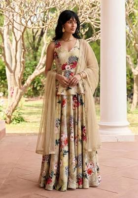 Beige Printed Poly Blend Fusion Set