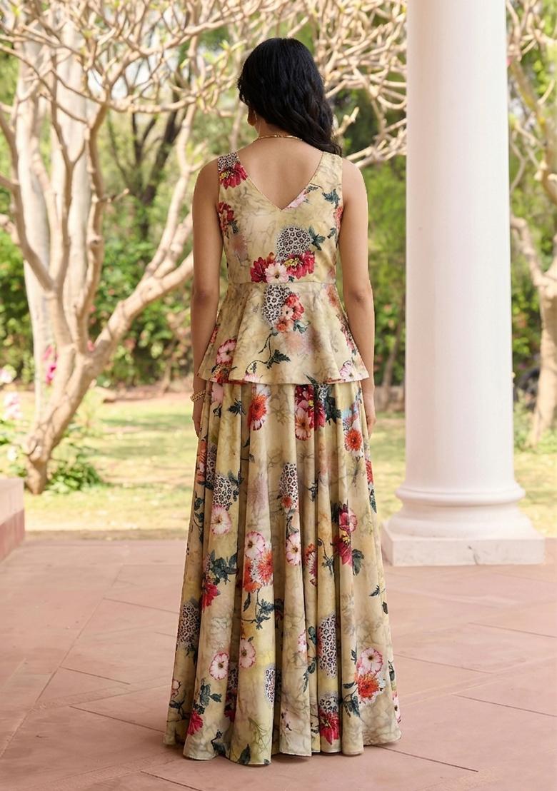 Beige Printed Poly Blend Fusion Set - Indya