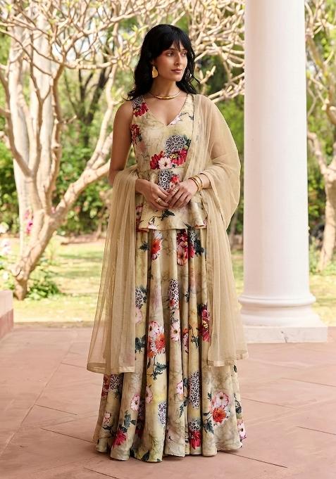 Beige Silk Blend Printed Fusion Set