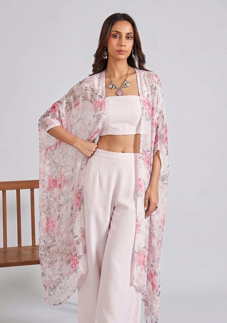 Light Pink Georgette Solid Fusion Set - Indya