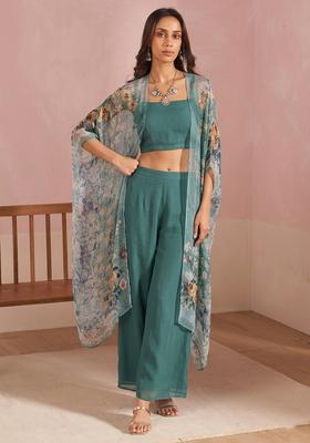 Teal Printed Chiffon Fusion Set