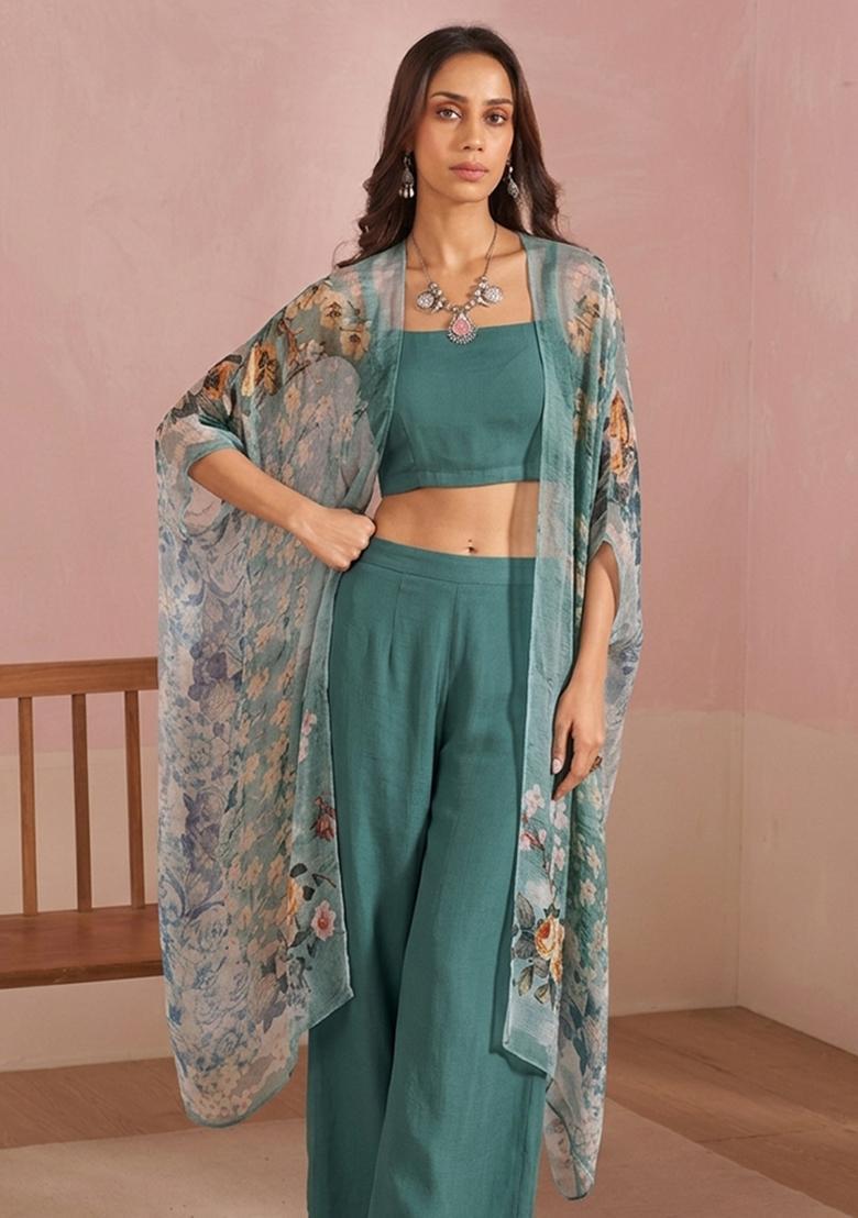 Teal Printed Chiffon Fusion Set - Indya
