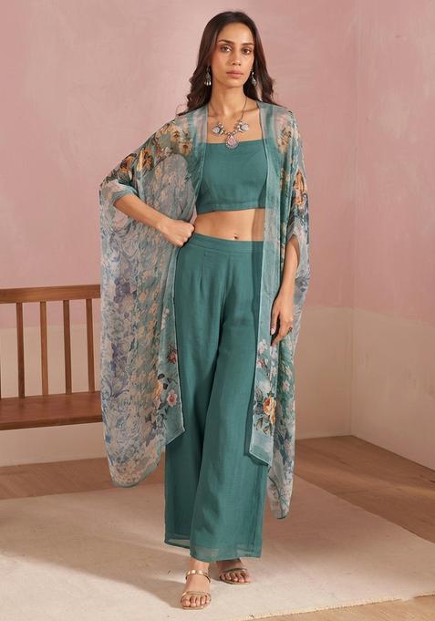Teal Crepe Printed Fusion Set