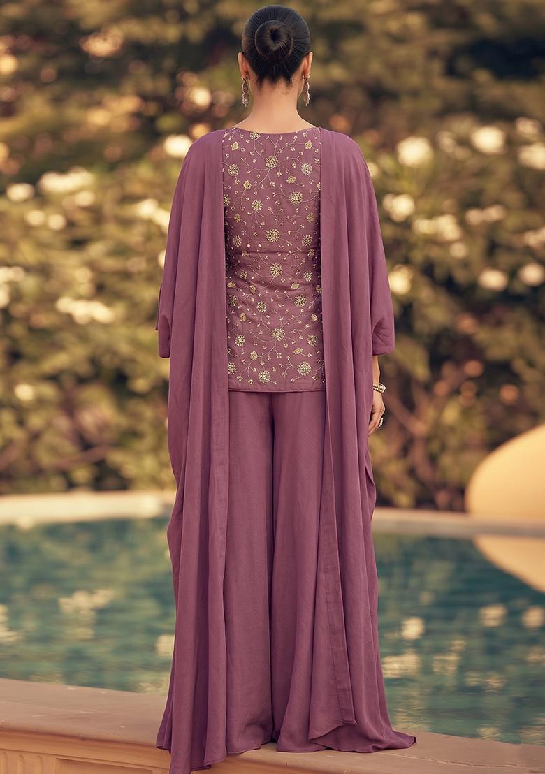 Mauve Embroidered Tissue Sharara Set - Indya