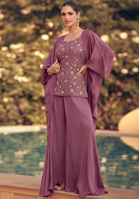 Mauve Solid Georgette Sharara Set