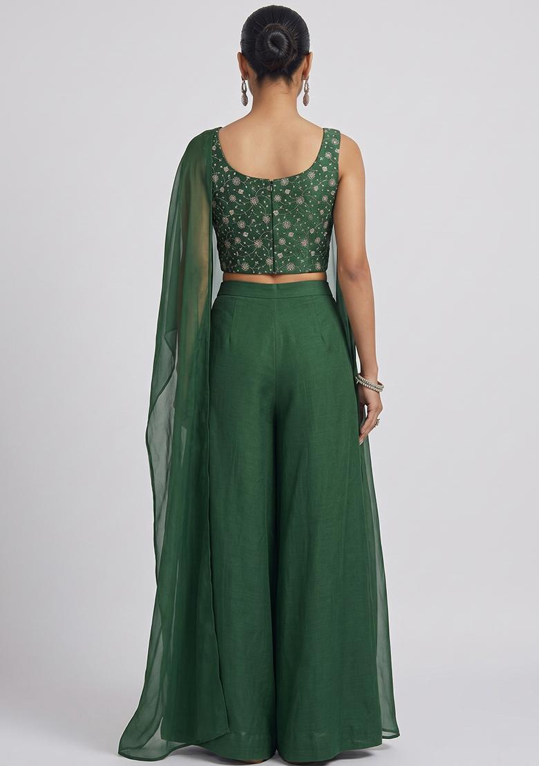 Hunter Green Embroidered Tissue Sharara Set - Indya