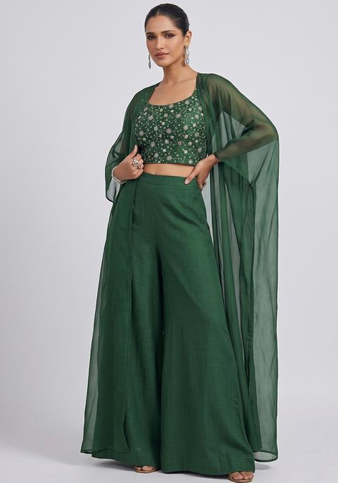Hunter Green Solid Silk Blend Sharara Set