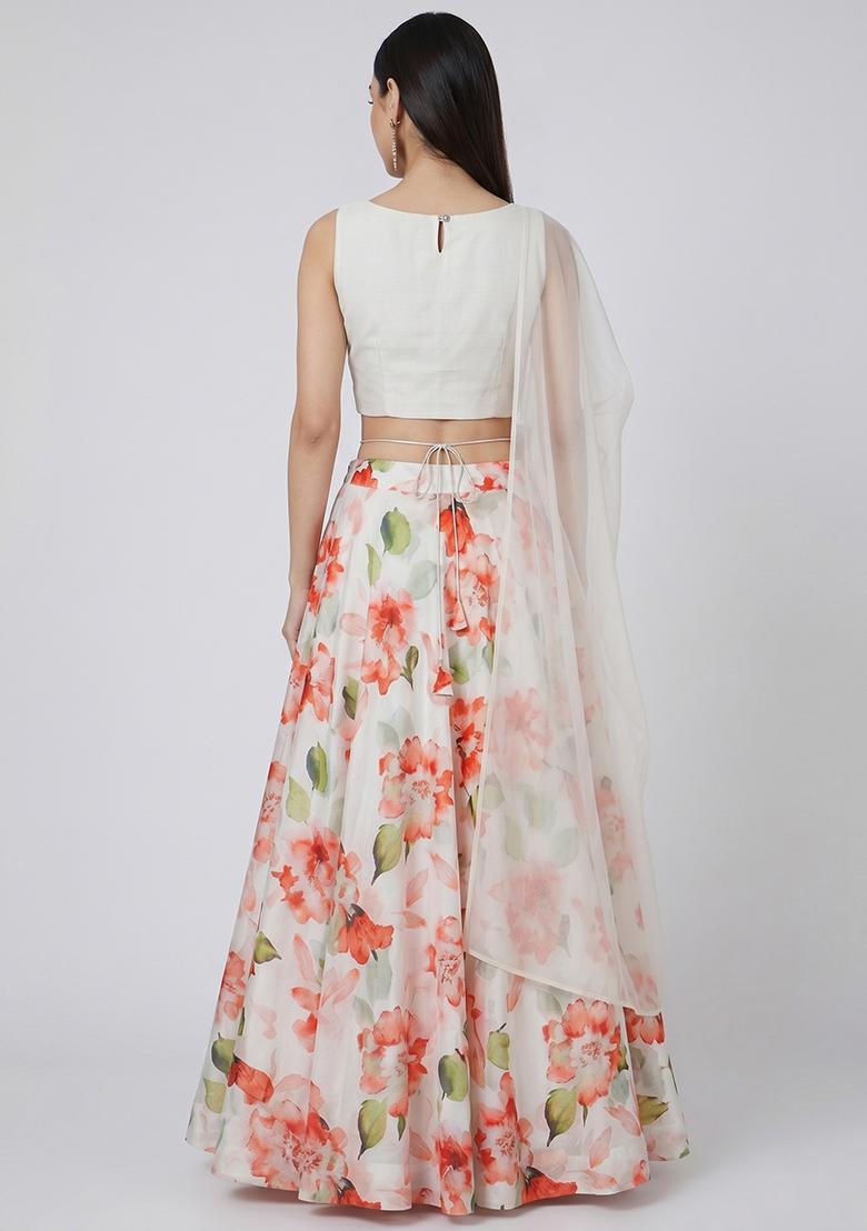 Dove White Printed Georgette Lehenga Set - Indya