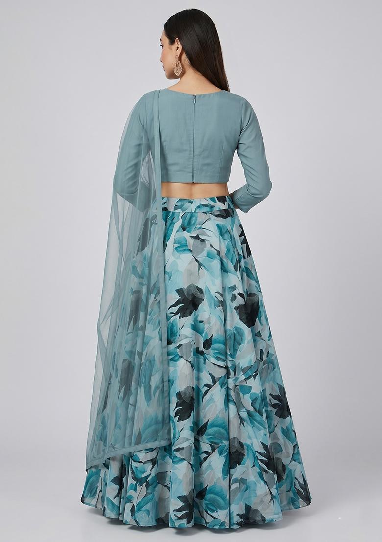 Teal Green Printed Georgette Lehenga Set - Indya