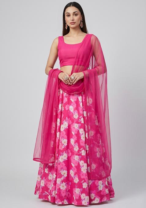 Rani Pink Printed Silk Blend Lehenga Set